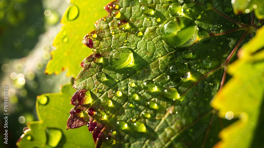 Poster closeup of raindrops on grape leaves : generative ai