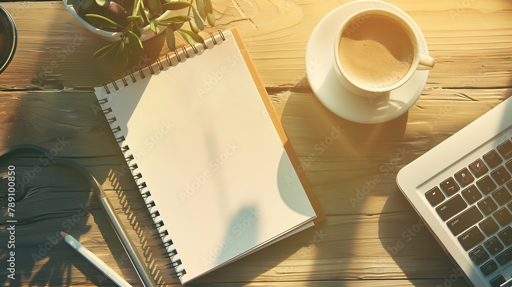 Aufkleber Top view business office desk with blank notepad office supplies and coffee Flat lay workspace with sunny light and copy space : Generative AI