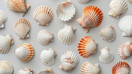 Sea shells on gray background Summer concept Flat lay top view copy space : Generative AI