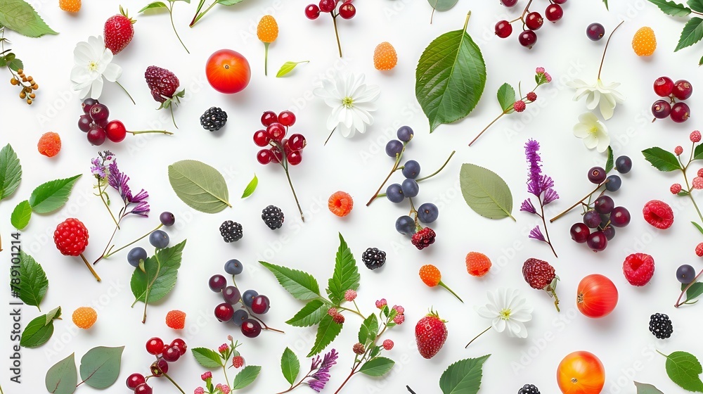 Poster colorful bright pattern of leaves berries and flowers on white background flat lay top view with cop
