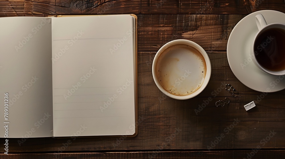 Poster styled stock photography brown office desk table with blank notebook computer supplies and coffee cu