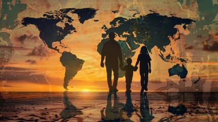 Silhouette of family against world map backdrop, depicting importance and influence on Global Day of Parents. symbolic image of family's silhouette merging with continents of world - obrazy, fototapety, plakaty