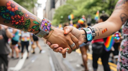 Couple Holding Hands at Pride Parade with Focus on Unity - obrazy, fototapety, plakaty