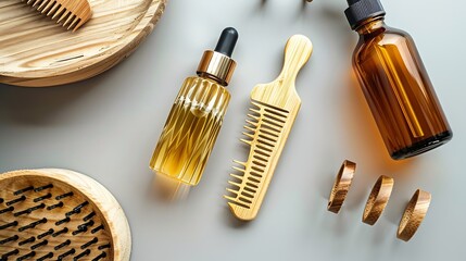 Cosmetic ampoules with serum and vitamins for hair growth restorationWooden hair comb natural solid shampooSpiral Hair Ties on a gray background Concept beauty hairSelfcare wellness Fl : Generative AI