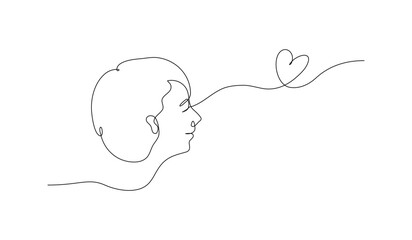 Continuous line art of a human smiling with heart symbol in mental health concept, editable one line drawing vector.