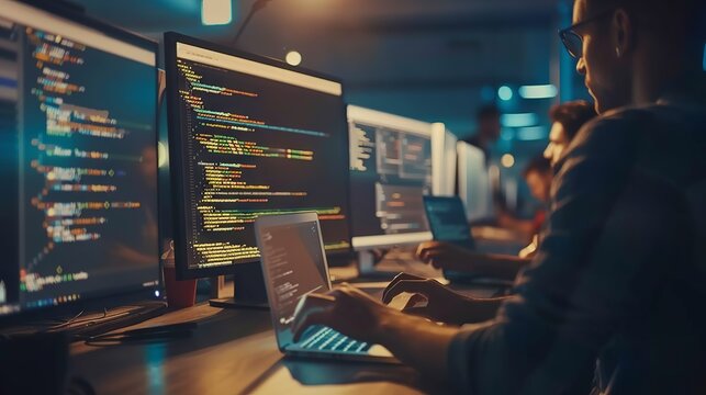 Dedicated programming team collaboratively solving complex issues and crafting innovative software solutions in a modern tech company workspace