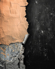 Textured contrast of peeling orange paint and black backdrop.