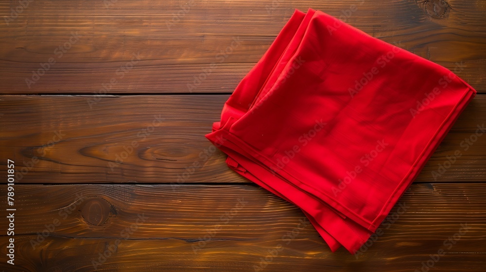 Poster top view with red empty kitchen napkin isolated on table background Folded cloth for mockup with copy space Flat lay Minimal style : Generative AI