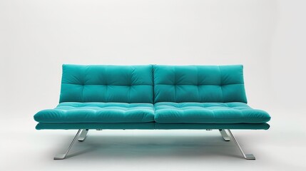 A minimalist turquoise sofa bed in an eco-friendly design, convertible for sleep, showcased on a pure white background