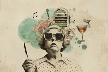surreal portrait in a pop collage style, a woman 1960s vibes, with a white blouse with red polka dots, musical instruments on the head, big funny  sunglassess, graphic grungy design
