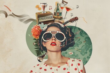 surreal portrait in a pop collage style, a woman 1960s vibes, with a white blouse with red polka dots, musical instruments on the head, big funny  sunglassess, graphic grungy design - 789102059