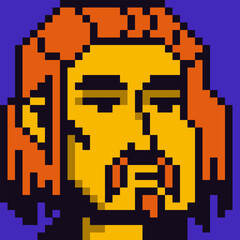 Pixel art human face, 8-bit, avatar male character with mustache head, cartoon vector icon, game user or web profile persons and people, social net portrait, minimalistic fashion, vector
