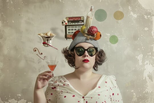 surreal portrait in a pop collage style, a woman 1960s vibes, with a white blouse with red polka dots, musical instruments on the head, big funny  sunglassess, graphic grungy design