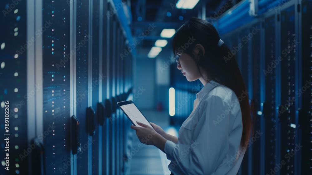 Aufkleber A young female engineer uses her tablet to scrutinize large amounts of information while in a data center. Working on data security in cloud storage