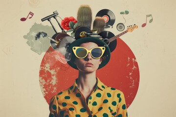 surreal portrait in a pop collage style, a woman 1960s vibes, with a elegant blouse with polka dots,  like vynils and guitars  like a hat, retro vinyls,  female creativity
