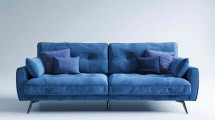 Blue sofa with dual functionality in sleeping layout, minimalist design, presented against a clean, isolated background
