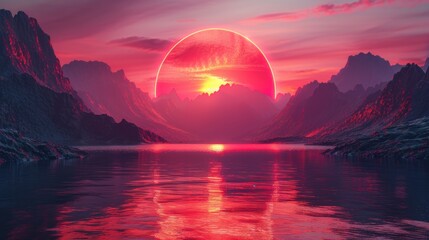 Abstract wallpaper with sunset or sunrise and round geometric shape - obrazy, fototapety, plakaty