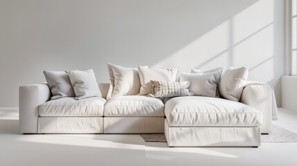 Art Deco-inspired corner sofa bed, white velvet upholstery, with geometric storage compartments, against a minimalist decor, isolated background