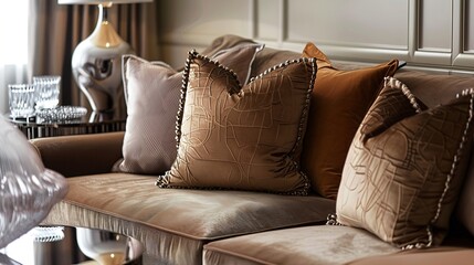 Still life close up view of an elegant brown sofa in a luxury home living room with different fabrics cushions and textures and a side table with a stylish lamp Hotel interior suite de : Generative AI