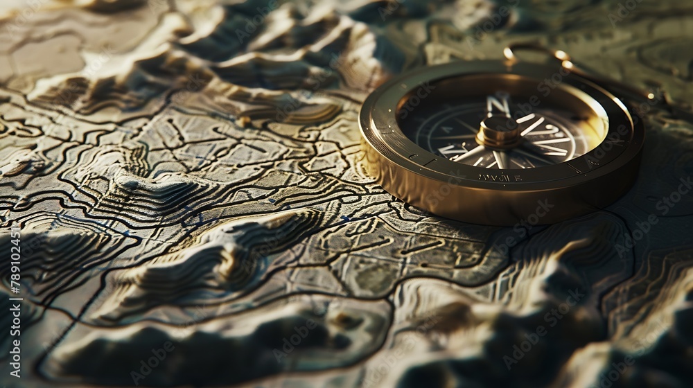 Poster topographical map showing contour lines with classic compass laid on top flat lay : generative ai