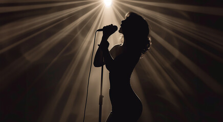 Female singer in silhouette, performing on stage with dramatic stagelights. 