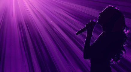 Female pop star or singer, performing a concert on stage, silhouetted by dramatic colorful stage light.