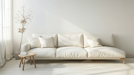 Ivory-colored corner sofa in a minimalist, eco-space concept room, isolated for a clean and modern look