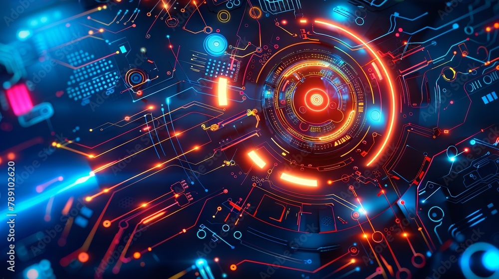Poster futuristic digital network interface overlay on abstract blue circuitry - conceptual technology back