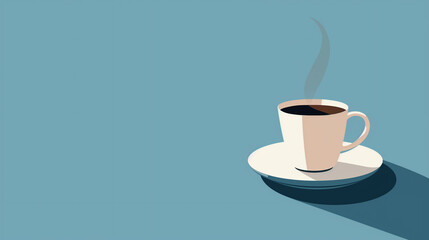 Flat illustration of a cup of hot coffee standing on a saucer on a blue background with copy space.