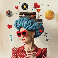 surreal portrait  in  a pop collage style, a woman 1950s vibes, with a red blouse with white polka dots, a blue brain like a hat, retro vinyls, red sunglassess and a  coctail in hand, female creative - 789102653