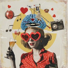 surreal portrait  in  a pop collage style, a woman 1950s vibes, with a red blouse with white polka dots, a blue brain like a hat, retro vinyls, red sunglassess and a  coctail in hand, female creative - 789102686
