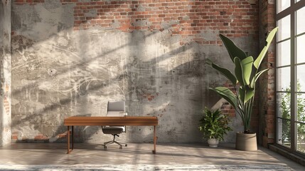 Sleek minimalist office with an old brick wall, featuring a single mid-century modern desk and a large, leafy potted plant