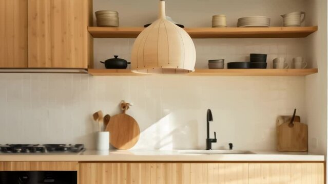 The kitchen embodies the ethos of less is more with ecofriendly bamboo cabinets and countertops and a single pendant light fixture that serves as the focal point. Open shelving showcases .