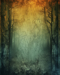 Haunting fog enshrouds a desolate forest scene. - obrazy, fototapety, plakaty