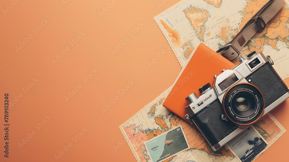 Poster top view travel concept with retro camera films map and passport on light orange background with cop
