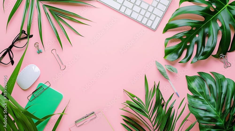 Poster office table desk with computer green leaves palm clipboard magazines social media top view flat lay