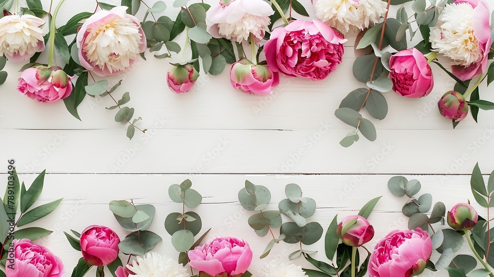 Poster border frame made of pink and beige peonies flower buds eucalyptus branches and leaves isolated on w