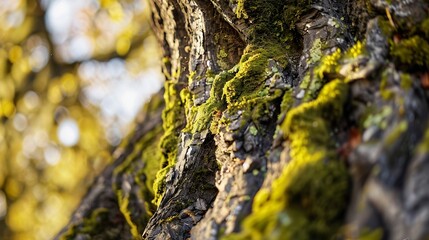 autumn background Old overgrown mossy tree trunk close up abstract natural backdrop beautiful...