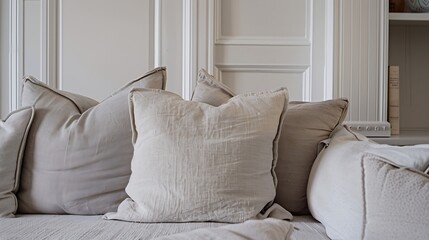 Closeup on beige sofa with decorative pillows wooden wall with shelf and white molding on the wall : Generative AI