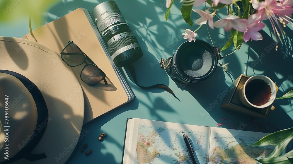 Aufkleber beautiful hipster flatlay with hat dslr camera lens coffee map flower notebook and binocular working