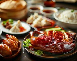 An intimate dining scene featuring a plate of Peking Duck next to a serving of Jiaozi, with a closeup on the ducks lacquered surface juxtaposed with the soft, translucent skins of the dumplings, brigh