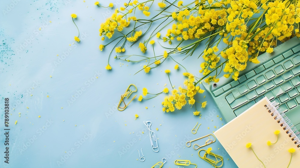 Poster on a blue flat lay background with a yellow mimosa flower keyboard notepad and stationery clips a fe