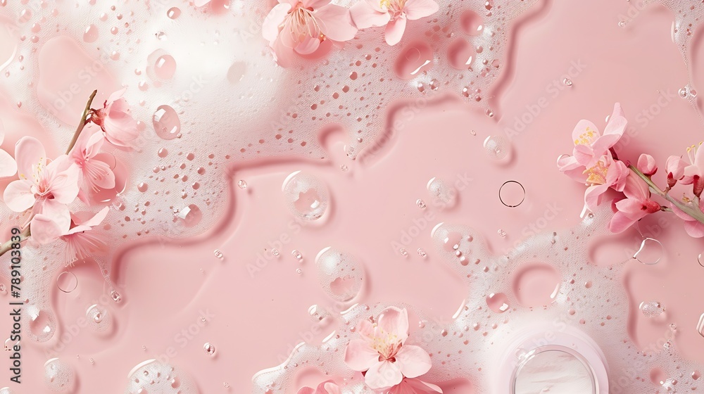 Poster texture with splashes foam and bubbles with pink podium and flowers trendy abstract spring summer na