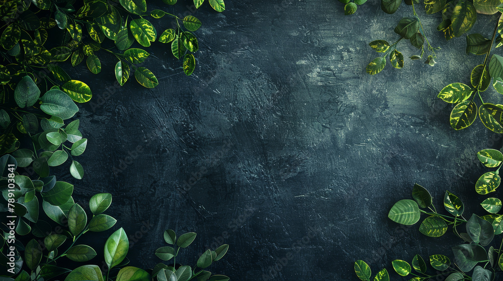 Poster  Lush green leaves framing a dark textured background.