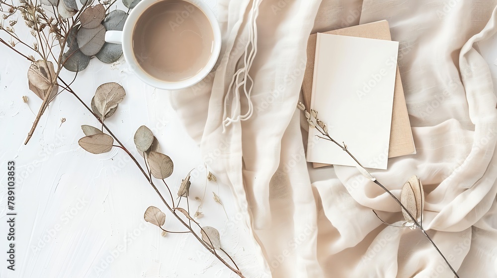 Poster moody breakfast still life stationery blank greeting card invitation mockup dry eucalyptus tree bran