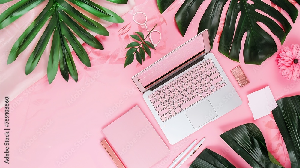 Poster home office workspace with laptop palm leaf notebook and accessories flat lay top view : generative 