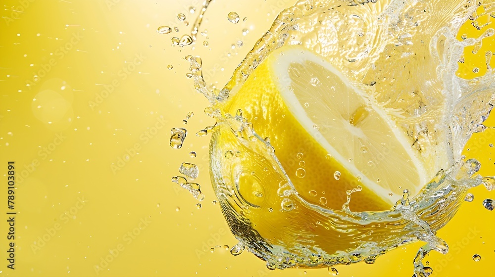 Poster slice of lemon underwater or in water with splashing and droplet top view flat lay on yellow backgro