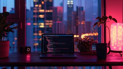 Nighttime coding session: illuminated laptop screen displaying swift programming language syntax for software development