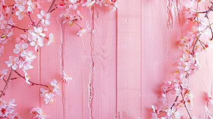 Pink wooden background with flowering Cherry branches : Generative AI