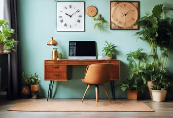 Modern retro wooden personal decoratnion plants chair lot concept vintage cabinet interior clock design accessories space home sofa office Stylish elegant mint workshop